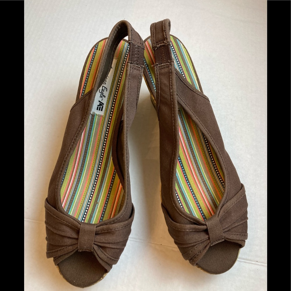 *American Eagle Brown Sling Back Cork Wedges with Open Toe Sandals  A196